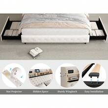 SIBEDS Queen Led Bed Frame With Galaxy Aurora Star Projector, Full Size Platform Bed With 2 Removable Storage Drawers, 52"   Crystal Button Tufted Upholstered Headboard King Bed With Charging Station, Noise Free, No Box Spring Needed, PU White - 聚氨酯白 - 查看 11