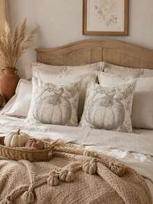 1 Stück Herbst Landhausstil brauner Toile De Jouy Kürbis Kissenbezug, Vintage Herbst Bauernhaus Ernte Thanksgiving Sofa Dekoration - Beige - Übersicht 5