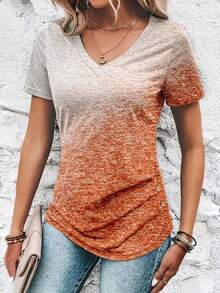 Women's Gradient Print V-Neck Short Sleeve Ruched Waist T-Shirt Top - Coral Orange - View 1