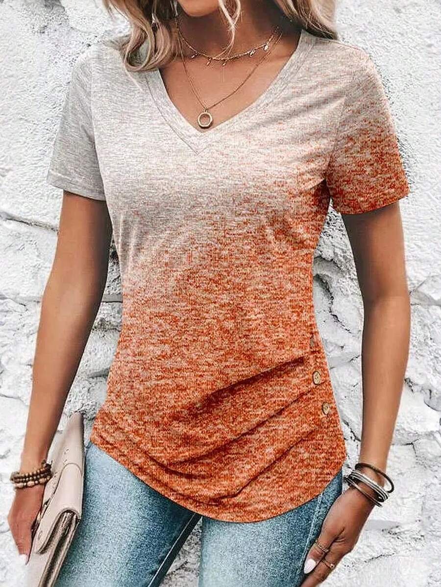 Women's Gradient Print V-Neck Short Sleeve Ruched Waist T-Shirt Top - Coral Orange - View 1