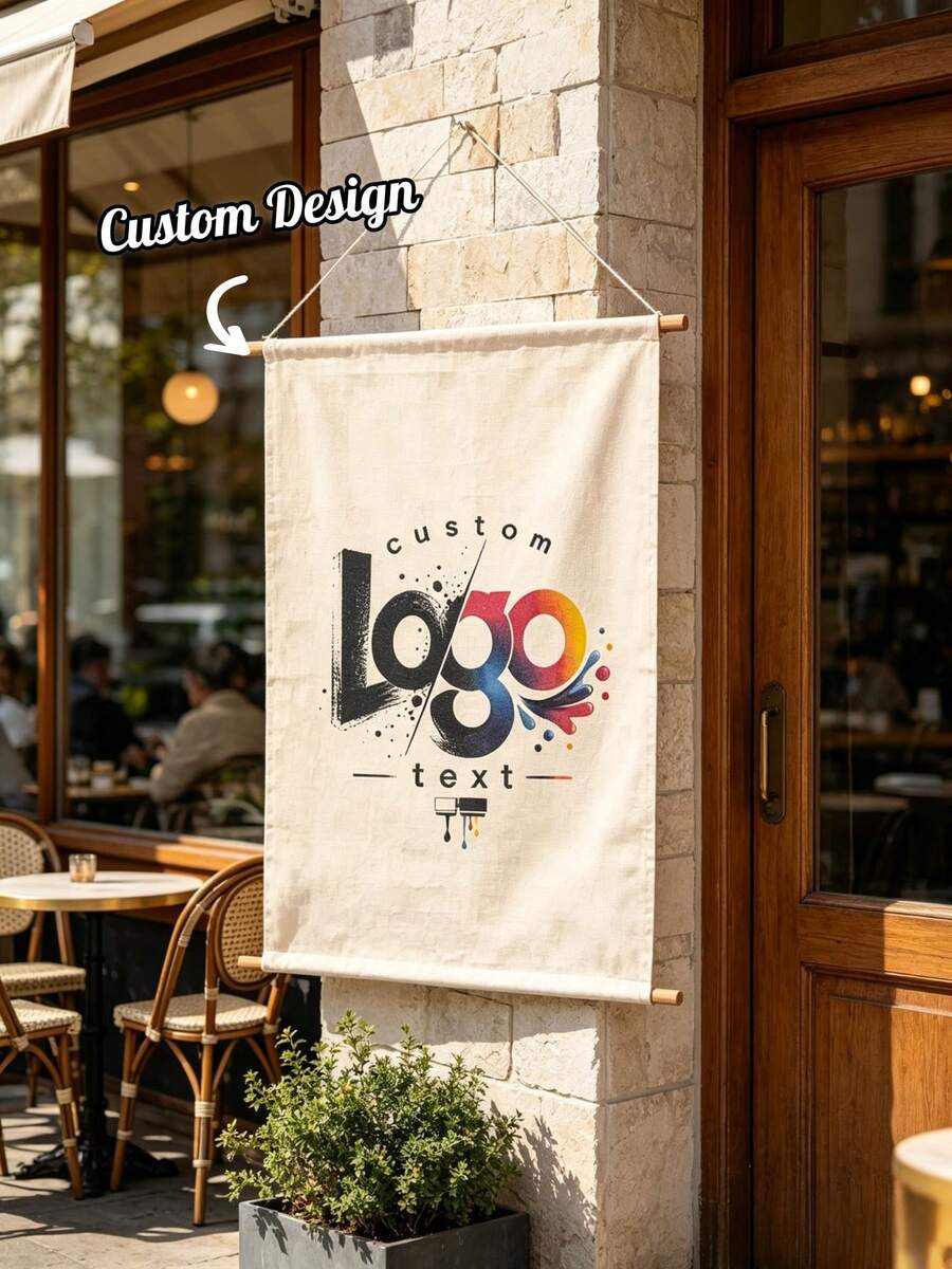 1件客製化Logo垂直商業招牌，可客製Logo/文字的懸掛布製橫幅，市集展示、快閃店品牌宣傳、攤位展覽用 - 彩色 - 查看 1