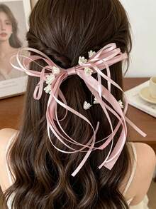 2件/1件裝 粉色緞面蝴蝶結髮夾，附鈴蘭流蘇，甜美長緞帶側邊髮飾，女性浪漫髮飾 - 彩色 - 查看 2
