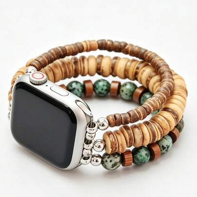 1pc Boho Vintage Triple Strand Wood Turquoise Bead Watch Strap, Handmade Natural Stone Beaded Replacement Band For  Series