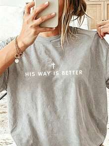 Jesus Shirt His Way Is Better Comfortable Christian Merch Simple Christian Faith Gift Clothing Casual Fall Outfits For Women Travel Short Sleeve Tops - 灰色1 - 查看 1