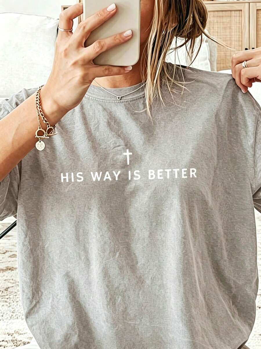 Jesus Shirt His Way Is Better Comfortable Christian Merch Simple Christian Faith Gift Clothing Casual Fall Outfits For Women Travel Short Sleeve Tops - 灰色1 - 查看 1