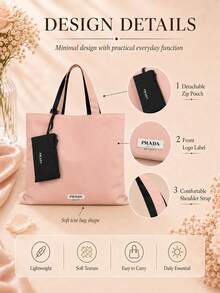 Prada Pink Tote Bag, Large Bag With A Matching Coin Purse, Soft Fabric And Spacious Capacity, Suitable For Daily Commuting - Pink - View 6