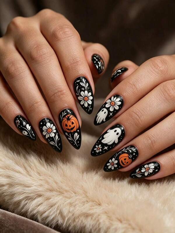 24pcs Almond-Shaped Halloween Press-On False Nails, Black Base With Hand-Painted Floral And Ghost Pumpkin Design, Removable And Reusable Nail Art, Suitable For Women And Girls, Halloween Party, Gathering And Other Occasions Nail Supplies. Halloween Essential Nail Art