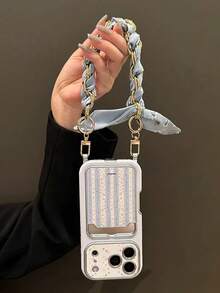 Blue Striped Floral 17/16 Phone Case Compatible With Apple 15/14 Pro Max Card Holder Card Slot 13 Leather Fresh Style 3D Flower Chain Lanyard New INS - Multicolor - View 2