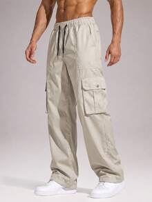 CZRLHYT Men's Solid Color Sporty Woven Wide Leg Pants With Zipper Pockets, Suitable For Outdoor Activities, Fitness And Casual Wear - Apricot - View 6
