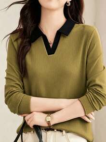 女款 2025 新款秋季 Polo 領長袖 T 恤，外套上衣，標準肩寬基礎層休閒風 - 芥末黃 - 查看 5