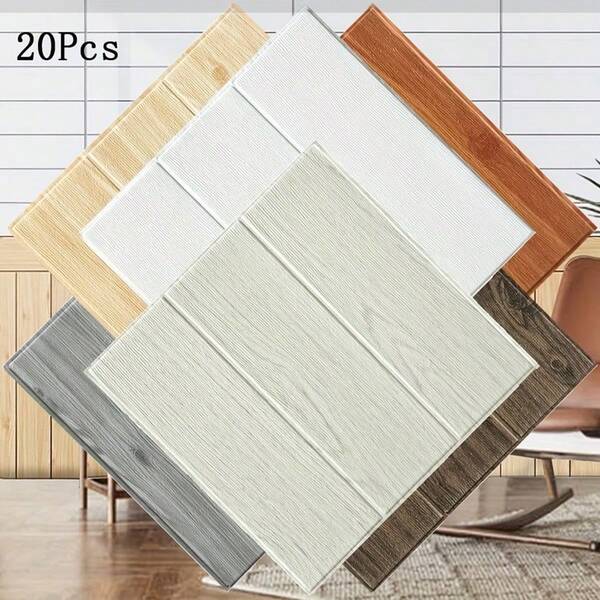 20pcs 3D Wood Grain Wall Stickers, Modern Striped Rectangular Wall Design, Thickened, Washable, Waterproof Vinyl Wall Covering, Self-Adhesive Peel And Stick Wallpaper, Suitable For Living Room Bedroom Ceiling Renovation Decoration