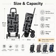 43L Large Capacity 4-Wheel Shopping Cart, Push & Pull Dual Mode, 25KG Heavy Duty, Lightweight Black Steel Frame, Random Color - Multicolor - View 4