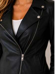 Women's Leather Jacket White Long Sleeve Stylish Winter Cold Weather Blazer Coat Black Jacket - 純黑色 - 查看 4