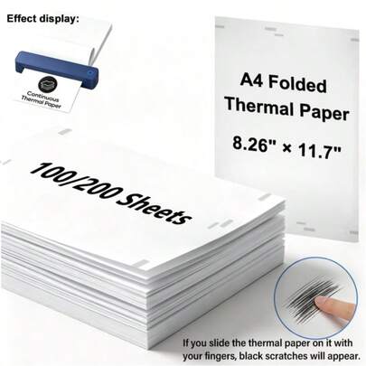 Marklife 100/200 Sheets A4 Thermal Paper Quick-Dry 210mm Width Continuous Folded Paper For A4 Portable Thermal Printer Printing Paper For Office Home