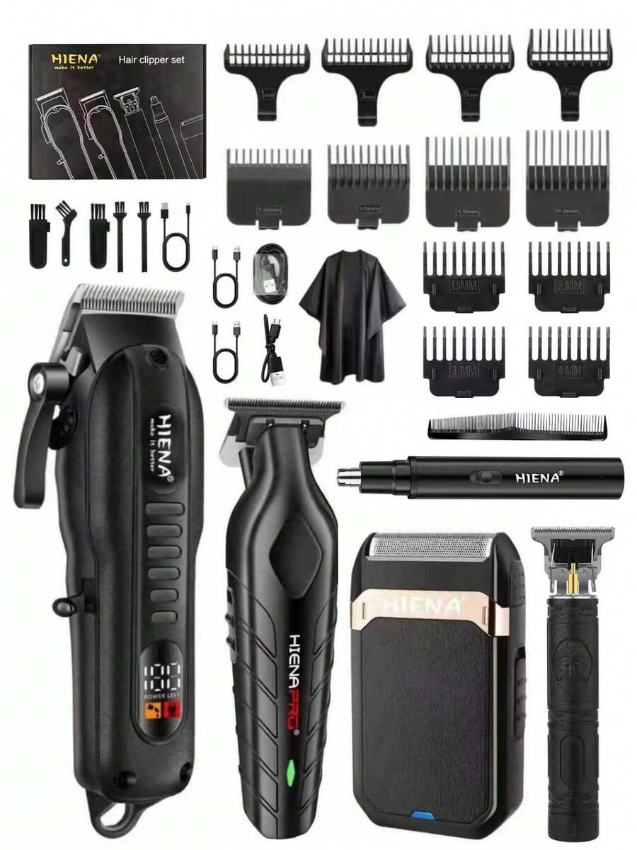 HIENA Professional Men's Hair Clipper And Shaver Set, 5-Piece/3 PiecesSingle Unit Optional, USB Rechargeable Cordless Hair Clipper With LED Display, Lithium Battery, Mini Body, Multiple Accessories, Suitable For Beginner Barbers And Home Use, Exquisite Gift Box Packaging, Create Your Own Men's Hair Clipper Set - Black - View 1
