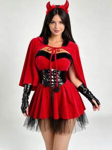 Halloween Devil Women's Costume Set, With Hooded Cape, Corset Belt And Horn Headband - Burgundy - View 9