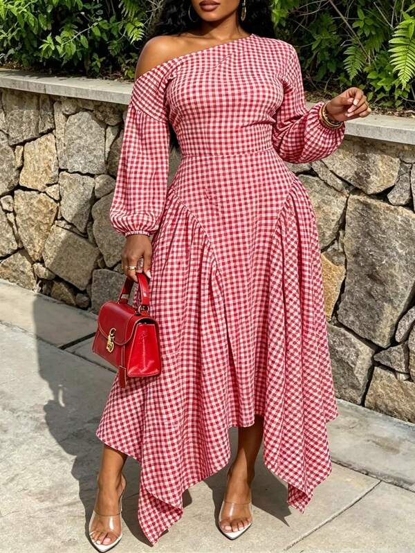 Plus Size Plaid Asymmetric Collar Dress