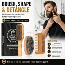 Kit de Cuidados com a Barba de 10 Peças para Homens, Navalha Reta, Escova de Cerdas, Pente de Madeira & Bolsa de Viagem, Presente Estilo Barbeiro - Pente para barba + escova para barba - Visão 6