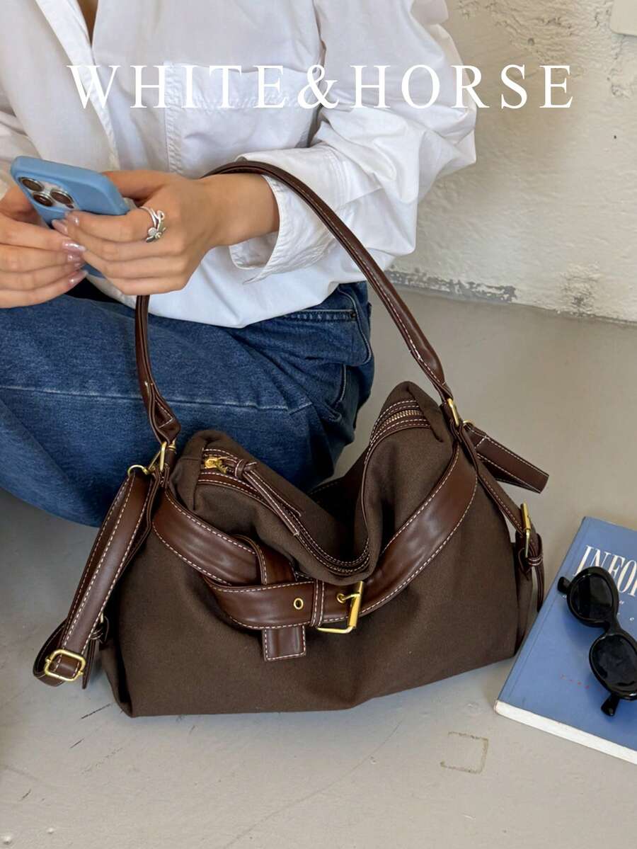 Women's New Vintage Large Capacity Commuter Bag, Versatile Crossbody Shoulder Tote Bag For Work And Outings - Coffee - View 1