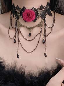 1pc Women's Vintage Lace Gothic Choker Necklace With Mesh, Rose, Tassel And Multi-Chain Collar Bone Chain - Multicolor - View 4