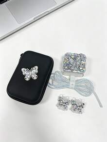 6pcs Set Exquisite Premium Silver Shiny Rhinestone Butterfly Data Cable Protector With Hard Shell Storage Bag, Charging Cable Winder, Cable Clip And Gradient Laser Protective Case, Compatible For Apple 18/20W Series Charger Protection Storage Set, Anti-Breakage Anti-Drop Anti-Shock, Daily Travel Charging Accessories Full Set Combination - View 3