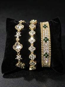 Juego de 3 piezas de pulsera y brazalete elegante y minimalista con circonita cúbica para mujeres, adecuado para uso diario, fiestas y vacaciones - Dorado - Ver 6