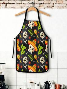 4Pcs/1pcDay Of The Dead Print Apron, Sugar Skull Skeleton Pattern Kitchen Apron For Cooking Baking Halloween PartySkeleton Apron For Halloween, White Human Skeleton Bones Print Black Kitchen Apron - Multicolor - View 11