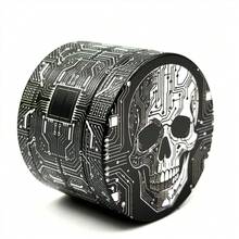 1PC Cyber Circuit Skull 4-Layer Grinder, Dark Style Magnetic Metal Herb Grinder, Portable Herb Crusher, Hardcore Tech Skull Grinder, Personalized Dark Mechanical Style - View 1