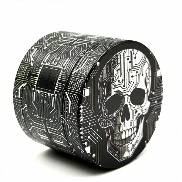1PC Cyber Circuit Skull 4-Layer Grinder, Dark Style Magnetic Metal Herb Grinder, Portable Herb Crusher, Hardcore Tech Skull Grinder, Personalized Dark Mechanical Style