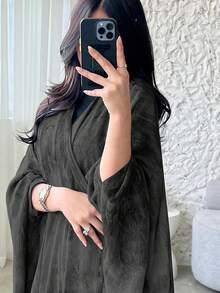 1件優雅休閒紮染印花透氣長版開襟袍，適合日常穿著與聚會，春季黑色秋季 - 黑色 - 查看 2