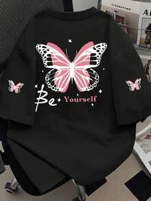 女款大尺碼蝴蝶圖案「Be Yourself」印花T恤，適合春夏，休閒百搭，女孩子夏季T恤 - 黑色 - 查看 1