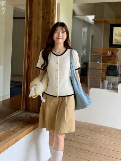 甜美 Y2K 對比滾邊荷葉邊短袖針織開襟衫，女款圓領修身短版開襟衫，適合夏季度假、母親節休閒穿搭