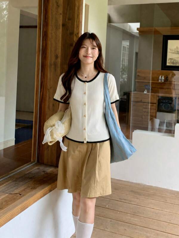 Sweet Y2K Contrast Trim Ruffle Short Sleeve Knit Cardigan,Women Round Neck Slim Cropped Cardigan For Summer Vacation Mother's Day Casual