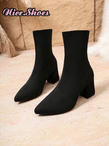 2026 New Elegant Fashion Chunky Heel Pointed Toe Boots, Elastic Slim Sock Boots, High Heel Ankle Boots For Spring, Autumn, Winter, All Seasons - Black - View 3