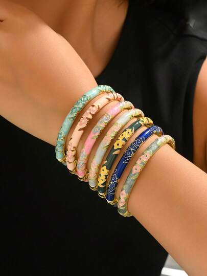 1 chiếc vòng tay hở phong cách vintage tráng men cloisonné họa tiết hoa, sơn dầu nhỏ giọt nhiều màu, phụ kiện đi làm đi chơi hàng ngày cho nữ, quà sinh nhật cho bạn gái
