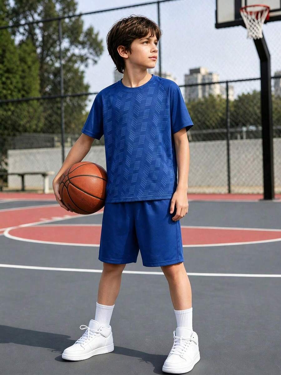 2pcs/Set Boys & Teen Boys Soccer Sports Outfit, Geometric Pattern Short Sleeve Jersey & Shorts - Blue - View 1