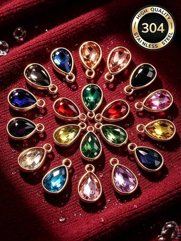5Pcs 18K Gold Plated Water Drop Crystal Pendants, 304 Stainless Steel Colorful Gem Titanium Steel Charms DIY Handmade Jewelry Accessories