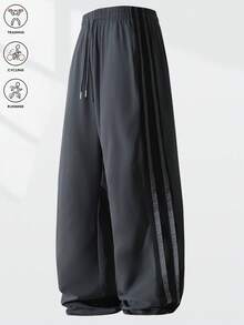 Men's Wide Leg Joggers, Fashionable Drawstring Loose Hem Comfortable Long Pants - Grey - View 2