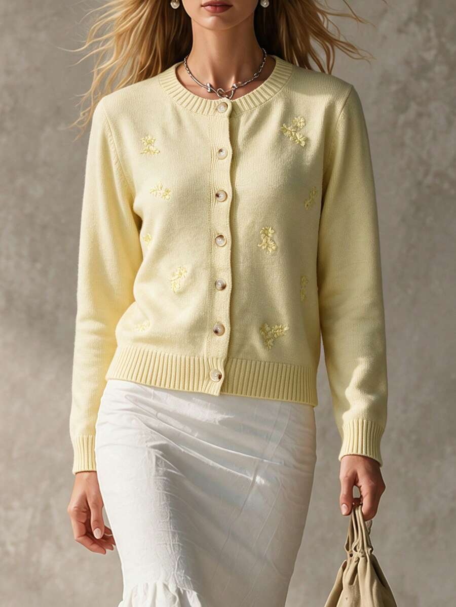 女款秋冬純色奶油黃優雅花卉刺繡圓領針織開襟毛衣外套,長袖前扣鈕扣上衣,適合日常/校園穿搭 - 黃色 - 查看 1