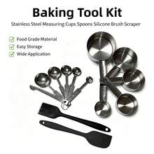 Juego de 13 piezas de tazas y cucharas medidoras de acero inoxidable, con raspador y cepillo, apilables, fáciles de limpiar, herramientas de medición para hornear, adecuadas para cocinar y hornear, café - Plateado - Ver 13