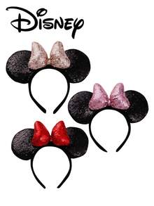 1pc Disney Mickey Black+Pink Sequin Headband, Mickey Black+Champagne Sequin Headband - Holiday Party Headband, Headpiece, Fun Photo Prop, Amusement Park Accessory, Suitable For Birthday Party And Valentine's Day Events, With Bow Cute Cartoon Hair Accessory, Princess Costume Accessory, Suitable For Disney Fans - 1 YEAR - View 2