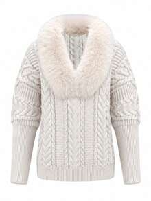 Women's Cozy Cable Knit Pullover Sweater With Faux Fur Collar, Long Sleeve Regular Fit For Winter & Fall Fashion - Apricot - View 5
