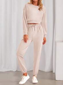 Women Fall 2 Piece Outfits Casual Long Sleeve Crop Top Drawstring Pant Jogger Suit Jumper Sportswear Sweatsuits Tracksuit Matching Set - Beige - View 3
