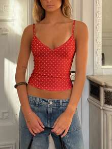 Women Polyester Polka Dot Spaghetti Strap Tank Tops Y2K Fairycore Lace Trim Corset Camisole V Neck Slim Cami Tops Cute Crop Tops Summer Going Out Top - 紅色-白色波點 - 查看 2