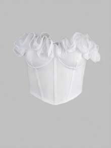 White Organza Ruffle Strapless Corset Top, Autumn Campus Style - White - View 1