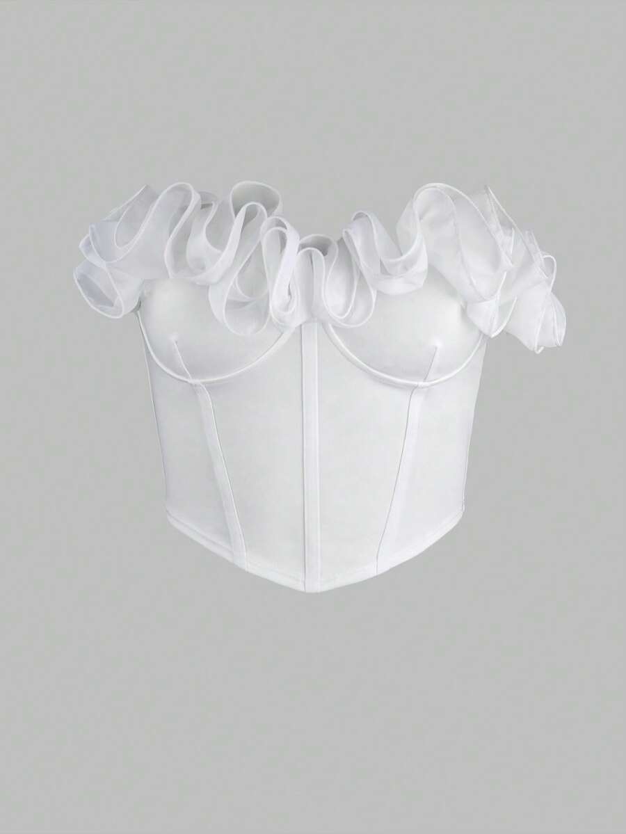 White Organza Ruffle Strapless Corset Top, Autumn Campus Style - White - View 1