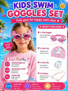 Children's Swimming Goggles Set (Nose Clip + Storage Bag + Swim Cap + Goggles) Unisex Swimming Goggles, Waterproof Anti-Fog, New , First Day Of School - Pink - View 1