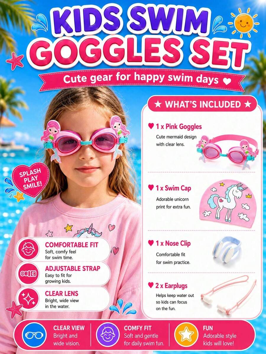 Children's Swimming Goggles Set (Nose Clip + Storage Bag + Swim Cap + Goggles) Unisex Swimming Goggles, Waterproof Anti-Fog, New , First Day Of School - Pink - View 1