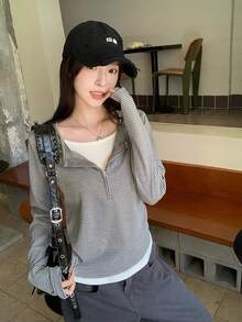 Women's 2 In 1 Striped Zipper Long Sleeve T-Shirt, Slim Fit Inner Layer Top, Autumn - Grey - View 4