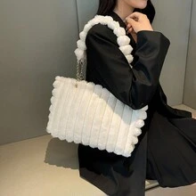 1件大容量毛絨托特包，附拉鍊與鍊條，時尚蓬鬆秋冬新款，適合女性日常使用 - 米色 - 查看 4